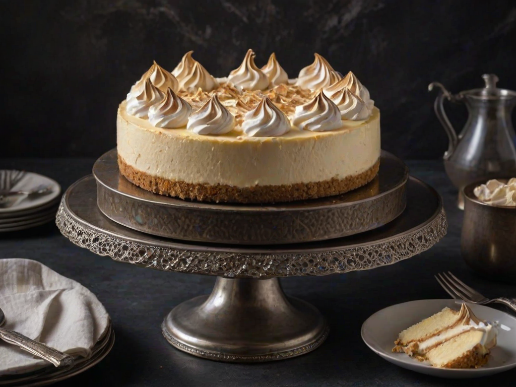 Generate an image of a beautifully decorated cheesecake with a smooth, creamy filling and a fluffy, toasted meringue topping. The cake is presented on a vintage cake stand, set against a dark, textured background, with some elegant plates and utensils nearby.