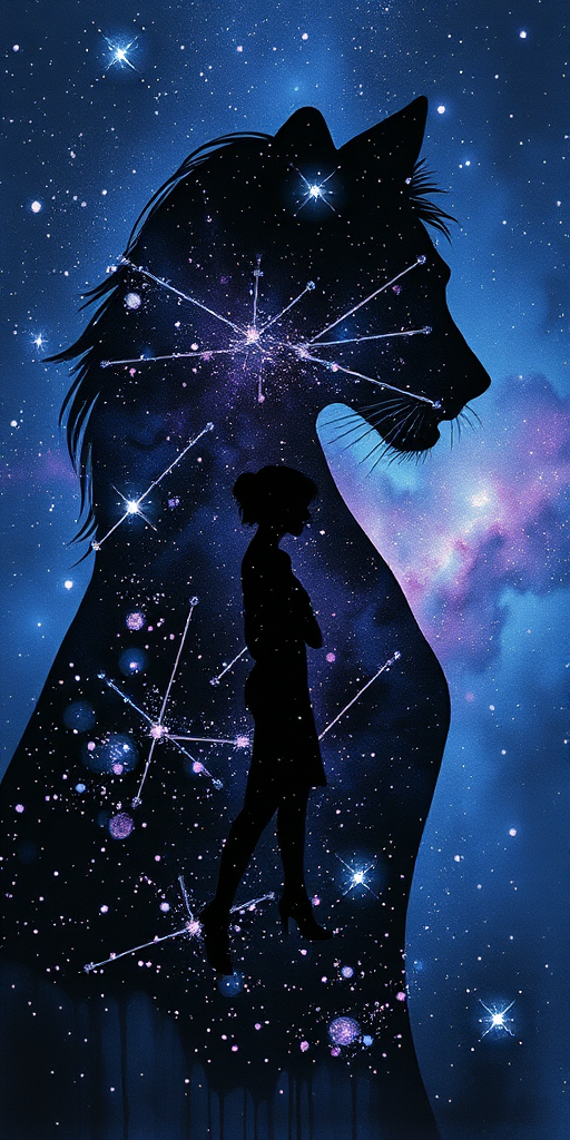 Captivating conceptual render alcohol ink art, double exposure, the paint strokes artfully merge combining a woman's full silhouette with a Loping coyote's silhouette. The figures are composed of a series of colored dots, lines & spots that evoke the image of a cosmic galaxy, colors are deep shades of blue purple & black with flashes of white & silver representing distant stars. The woman's silhouette is formed within the lion's silhouette from constellations of scattered stars, surreal