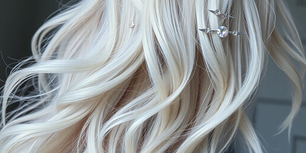 Ethereal silver-white hair flowing in loose, ethereal waves, adorned with iridescent crystal hair pins that catch the light, embodying the ethereal "Stardust Dream" style