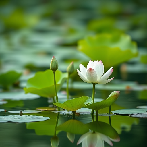 Capture a serene scene of lotus plants emerging from calm water with soft green tones, using a Canon EOS R5, 50mm lens, aperture f/2.8, ISO 100, with a soft focus effect to enhance the tranquil atmosphere and reflections in the water.