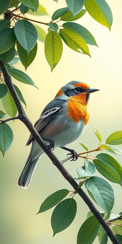 Create a high-resolution illustration of a bird perched on a branch surrounded by green leaves with a soft, muted background, using a Canon EOS R5 camera with a 50mm f/1.8 lens, in natural light to capture vibrant colors and fine details.