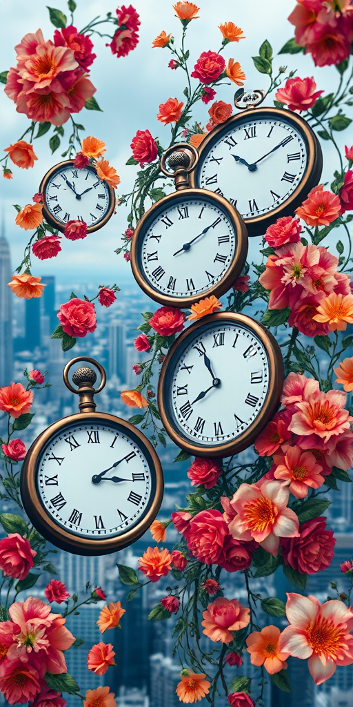 Create a surreal artwork of clocks intertwined with floral designs and a city skyline in the background, using a Canon EOS R5, 50mm f/1.2 lens, aperture f/2.8, ISO 100, long exposure to capture motion blur, top-down view for a dynamic perspective, vibrant colors with high contrast to enhance details.