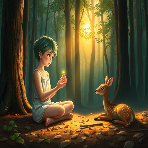 A luminous digital painting of a serene forest scene featuring a barefoot young female, about 7 years old, with green hair and fair skin, dressed in a simple white outfit. He sits cross-legged on the forest floor, gazing at a small, glowing, magical firefly in his hand. Beside him, a delicate spotted deer lies calmly on a bed of dried leaves, observing the scene. The dense forest is bathed in warm, golden light filtering through the trees, creating a peaceful, magical atmosphere with a blend of natural and mystical elements.
