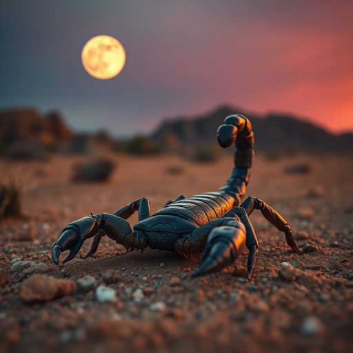 A detailed rendering of a metallic scorpion in a desert landscape at sunset, with a large moon in the background, shot with a Canon EOS R5, 50mm lens, f/2.8 aperture, ISO 100, at a low angle for dramatic effect, emphasizing the textures and colors of the scene.