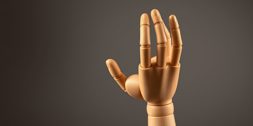 Create a high-resolution image of a wooden mannequin hand in a studio setting with a soft focus background, using a Canon EOS 5D Mark IV, f/2.8 aperture, 50mm lens, ISO 100, and 1/200s shutter speed.