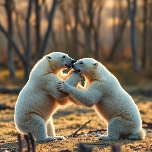 polar bears playfully engaging in a friendly tussle in a natural setting with soft sunlight filtering through trees, captured with a Canon EOS 5D Mark IV, 50mm lens, aperture f/1.8, ISO 200, shutter speed 1/500 sec, taken from a low angle to emphasize the bears' interaction and the textures of the environment