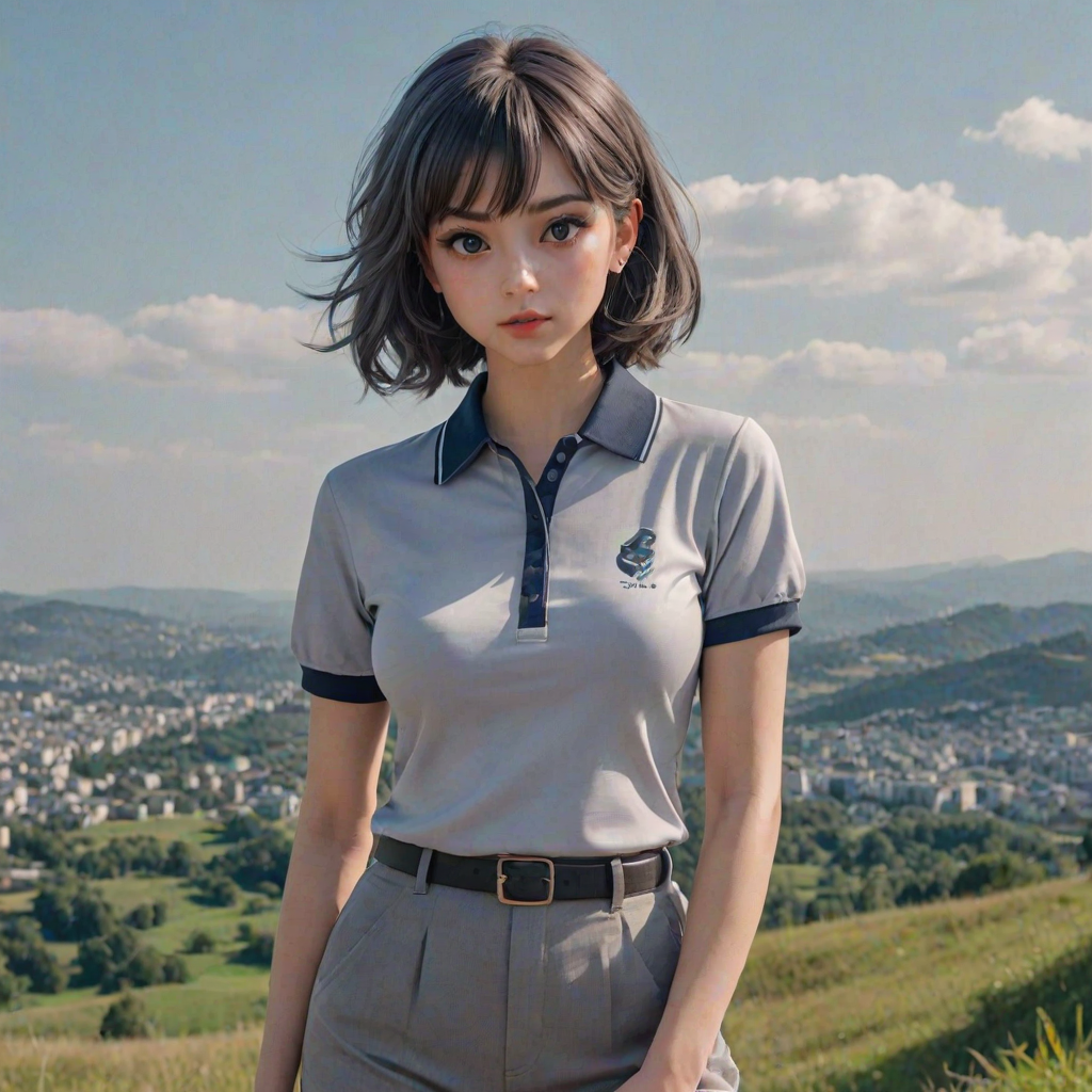 bird's-eye view, Serial Killer, on a hill, San Marinese eighteen Gaudia is well-defined, cursed, her slate gray shag haircut, her astonished honey eyes are tiny, gray heart-shaped lips, round face shape, very light skin, huge perky breasts, graceful arch of the foot, disgust face, (glamorous evening makeup:1.3), she is dressed in a patterned golf polo shirt and lightweight golf pants with a cropped length, casual hands-in-pockets stance, (Anime), big eyes, exaggerated expressions, stylized hair, manga