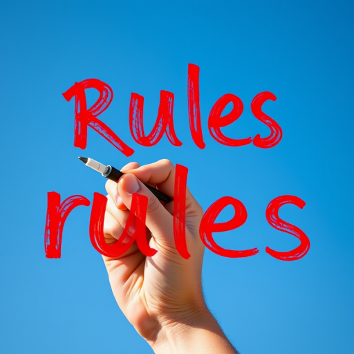 A person writing the word "rules" in bold red letters on a clear blue sky background, using a high-resolution DSLR camera with a 50mm lens, f/2.8 aperture, ISO 100, shot from a slightly low angle for depth, ensuring vibrant colors and sharp detail.