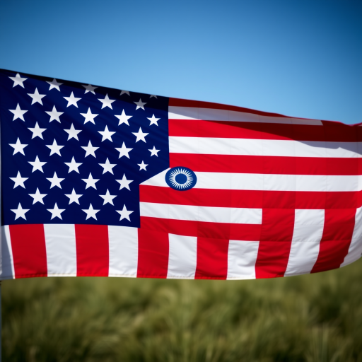 Create an image of an American flag with a repeating eye design in the blue field, taken with a DSLR camera at 50mm focal length, f/8 aperture, ISO 100, in natural light and a sharp focus style.