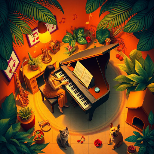 create a vibrant digital artwork featuring a woman playing a grand piano surrounded by musical notes, colorful instruments like a saxophone and trumpet, tropical plants, a cat and a dog near a doghouse, in a warm orange and yellow color palette, with high-resolution details, captured with a DSLR camera at f/2.8, ISO 100, and 24mm lens, in a top-down view for an immersive effect