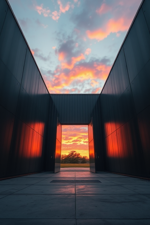 Capture a dramatic architectural scene at dusk featuring two curved metal walls framing an open doorway with a vibrant sunset sky, using a wide-angle lens at f/8 for depth of field, ISO 200 for clarity, and a tripod for stability in low light.