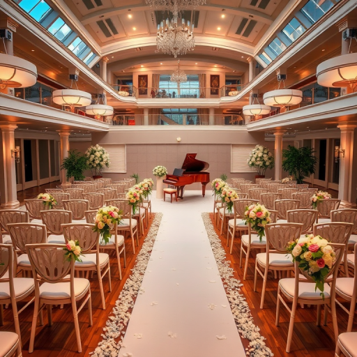 Regenerate a wedding reception scene in a luxurious ship atrium with elegantly arranged white chairs, floral decorations, and a grand piano in the background; use a DSLR camera, f/2.8 aperture, ISO 100, 24mm lens, top-down view, and warm lighting for enhanced color and detail.