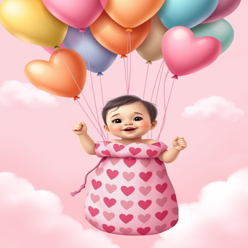 Create a whimsical illustration of a baby girl in a pink heart-patterned sack being lifted by colorful balloons, set against a soft, pastel pink background with fluffy clouds, captured with a digital camera at f/8, 1/125 sec, ISO 100, with a bright, cheerful composition and a soft focus for an enchanting effect.