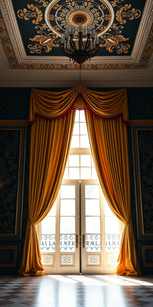 interior of an elegant room with ornate black wallpaper and luxurious golden curtains framing a large window, soft natural light illuminating the space, camera settings: ISO 100, f/2.8, 1/60s, camera view: wide angle, camera style: cinematic, camera type: DSLR