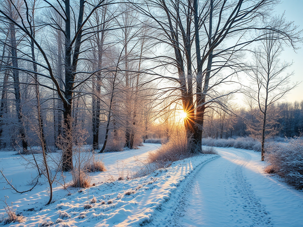 capture a winter landscape with frosted trees and a snowy path at sunrise, focus on soft natural lighting, aperture f/11, shutter speed 1/125, ISO 200, use a wide-angle lens, take a low-angle shot for depth, DSLR camera