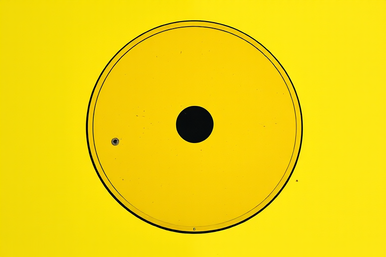 Regenerate a high-resolution image of a yellow radiation symbol with a black design, using a DSLR camera, 35mm lens, f/8 aperture, 1/125 shutter speed, and an overhead lighting setup for even illumination.