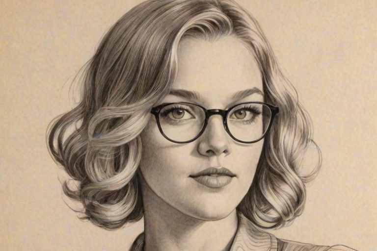 Gorgeous Camille Kostek, pencil sketch, portrait of Pleasing woman 1928s in glasses, hair style beatnik, outline, clear lines, fine lines, 8k