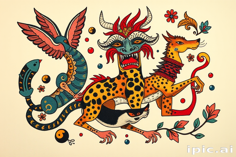 Neo-traditional tattoo named "Mythical Menagerie" featuring stylized animals and fantastical creatures with bold lines, vibrant colors, and decorative elements inspired by folk art