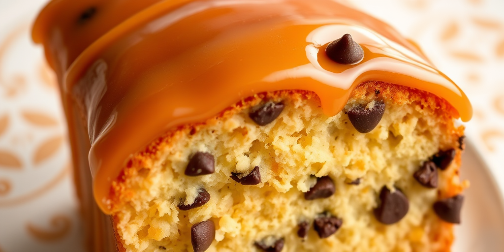 A close-up view of a moist cake with a golden caramel glaze on top showcasing a fluffy texture and chocolate chips throughout the cake. The background features a soft, blurred pattern, emphasizing the cake's delicious appearance.