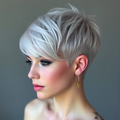 Ethereal silver pixie cut with delicate wisps framing the face, Luna's hair glimmers like starlight, featuring intricate geometric patterns shaved into the sides for an otherworldly and edgy aesthetic