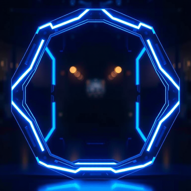 Create a futuristic frame design with glowing blue edges, high contrast, and a transparent center, captured with a DSLR camera at f/8 aperture, 50mm lens, natural lighting, and a shallow depth of field.
