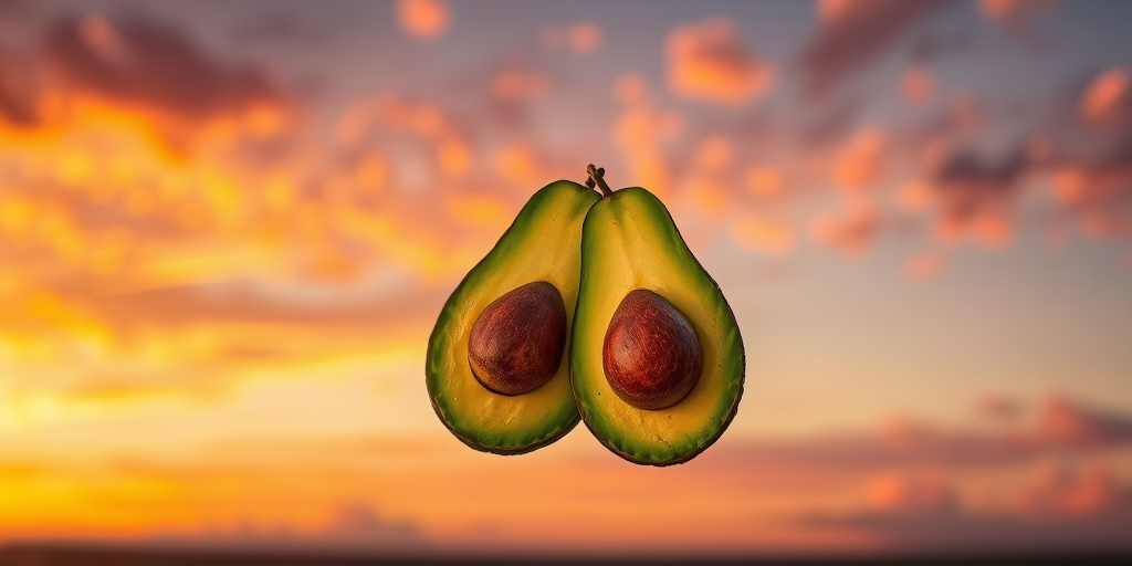 Create an image of two halves of an avocado with a sunset background featuring orange and pink hues, clouds scattered in the sky, shot with a Canon EOS R5 at f/2.8, ISO 100, 50mm lens, using a soft focus style to enhance the colors and details.
