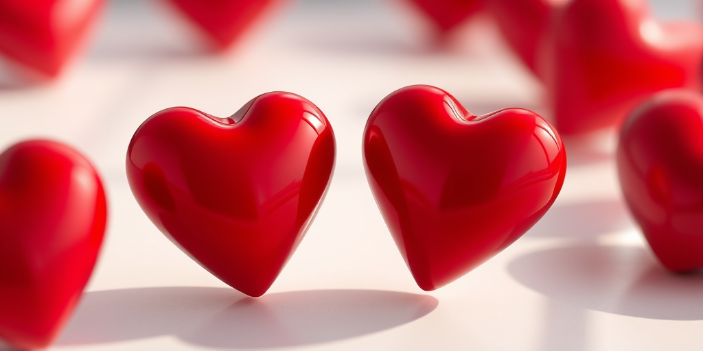 create a hyper-realistic render of two glossy red hearts of different sizes, captured from a slightly elevated angle with a Canon EOS 5D Mark IV, 50mm lens, f/1.8 aperture, 1/200s shutter speed, and natural diffused lighting to enhance reflections and shadows