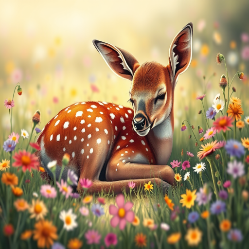 A sleeping fawn surrounded by colorful wildflowers in a soft, artistic illustration style with vibrant colors, taken with a DSLR camera at f/2.8 aperture, 50mm lens, using a shallow depth of field to enhance background blur, and natural light for a warm, gentle glow.