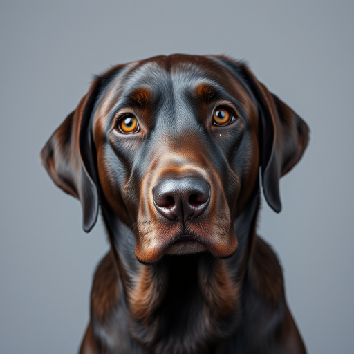 Create a detailed portrait of a Labrador Retriever with expressive amber eyes against a neutral gray background, using a DSLR camera with a 50mm f/1.8 lens, aperture set to f/2.8, ISO 100, and a soft diffuse lighting setup to enhance texture and color vibrancy.