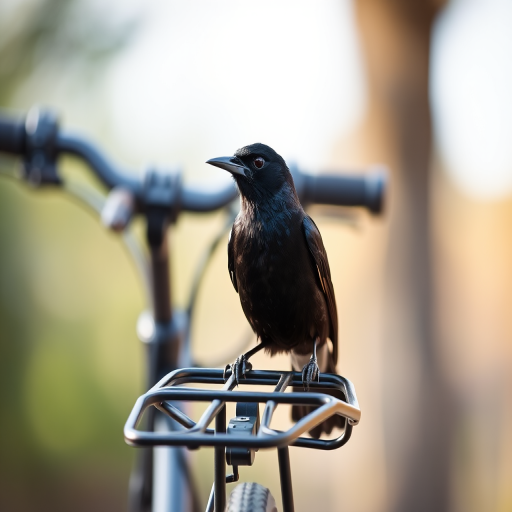 Capture a close-up of a blackbird perched on a bicycle rear rack with a shallow depth of field, using a 50mm lens at f/2.8, ISO 100, shutter speed 1/400s, natural lighting, and a soft blurred background to enhance the subject's focus.