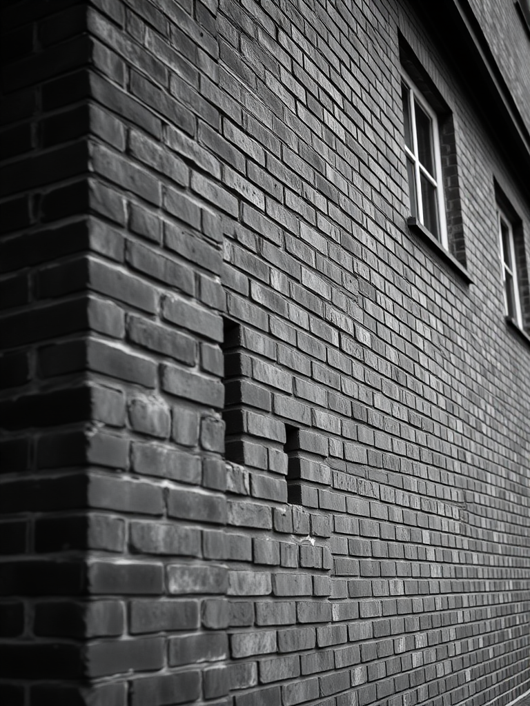 photograph of a textured brick wall with windows in black and white, captured with a Canon EOS 5D Mark IV, aperture f/8, shutter speed 1/125s, ISO 200, shot from a low angle to emphasize the height and details of the bricks, using a wide-angle lens for depth.