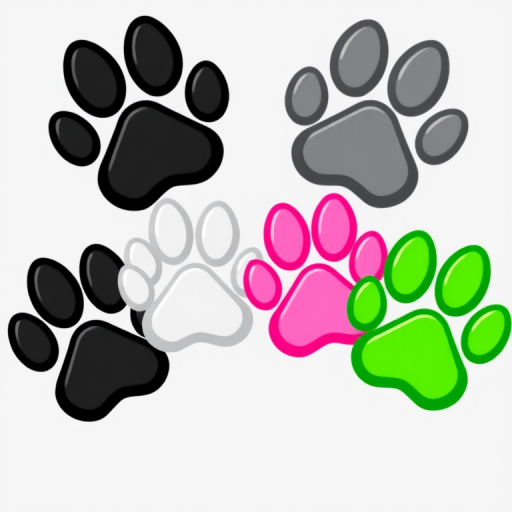 create a colorful illustration of four cartoon animal paw prints in black, gray, pink, and green against a transparent background, macro shot, f/2.8 aperture, 1/60 shutter speed, ISO 100, digital art style