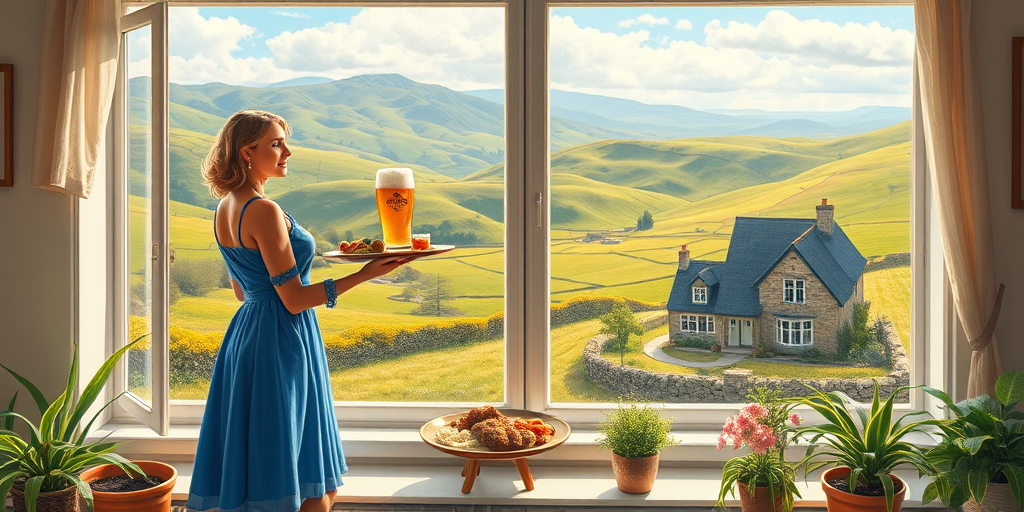 In "A Glass of Beer on the Highland," a serene scene is depicted in a sunlit room where a woman in a vibrant blue dress stands by a large window. She holds a tray with a hearty meal and a frothy glass of beer, embodying a moment of relaxation. Outside, the breathtaking highland landscape features rolling green hills and a charming traditional house, all bathed in warm afternoon light. The interior is adorned with potted plants, creating a harmonious blend of comfort and nature. The painting beautifully captures the tranquility and joy found in simple pleasures amidst stunning scenery