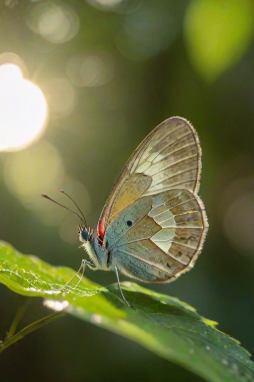 a close-up of a butterfly resting on a green leaf in a natural setting with soft sunlight filtering through blurred foliage