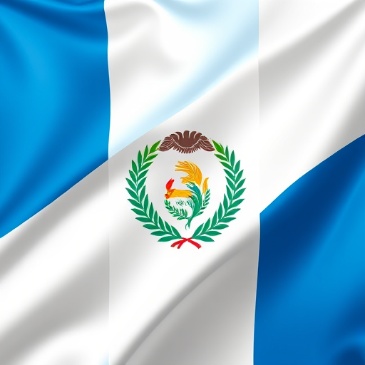Create a high-resolution digital illustration of the Guatemalan flag with a glossy finish, using a Canon EOS R5 camera at 50mm, f/1.8 aperture, ISO 100, in natural daylight to enhance colors and sharpness.