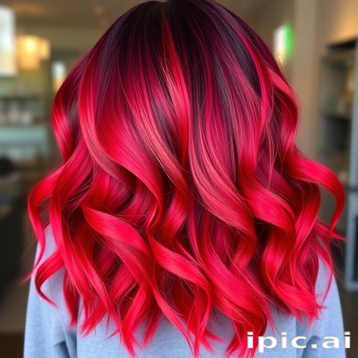 Vibrant cherry red ombre hair cascading in loose waves, Scarlet Sunset style, featuring deep burgundy roots transitioning to bright crimson tips, shimmering with glossy highlights and bouncy volume