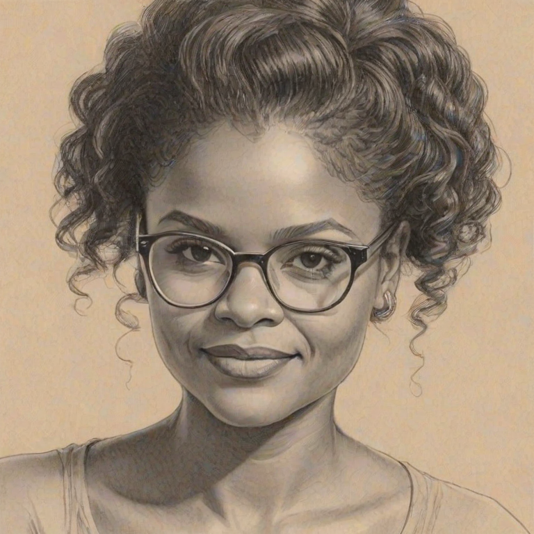 Delightful Kimberly Elise, pencil sketch, portrait of Comely woman 1947s in glasses, hair style beatnik, outline, clear lines, fine lines, 8k