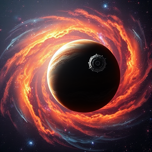 Create a highly detailed image of a spacecraft resembling New Horizons exploring a distant planet in a vibrant galaxy, set against a backdrop of swirling cosmic clouds and stars, using a 50mm lens, f/8 aperture, ISO 100, shot with a full-frame DSLR from a low-angle perspective to emphasize the spacecraft against the planet.