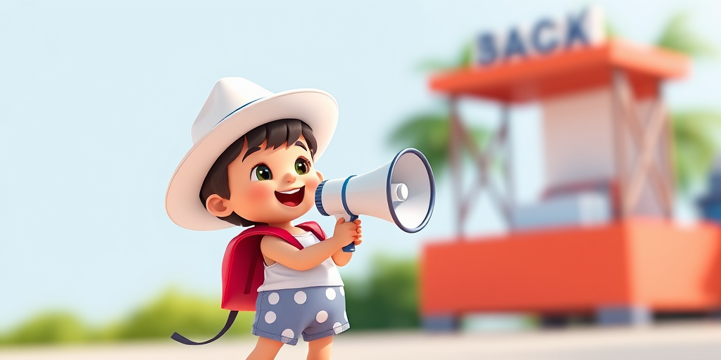 Create a cartoon character of a child wearing a white hat and polka dot shorts holding a megaphone, in a playful pose, with bright colors, high resolution, f/4 aperture, 35mm lens, shot from eye level, in a digital art style.