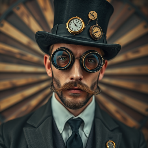 Create a steampunk-inspired portrait of a gentleman with a top hat and goggles, featuring intricate clockwork accessories, set against a vintage radial burst background, captured with a Canon EOS R5 at f/1.8, ISO 100, 1/200s, using a soft focus lens for a dreamy effect.