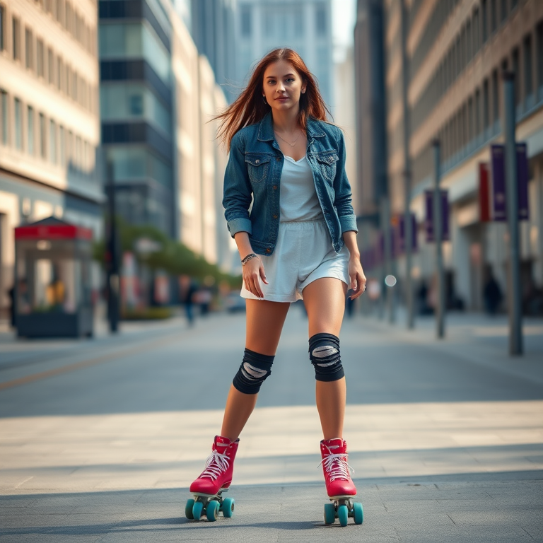 Regenerate the image of a young woman on roller skates in a city street during the day, captured with a Canon EOS R5, 50mm lens, aperture f/1.8, ISO 100, shallow depth of field, natural lighting, focus on the subject with a blurred background.