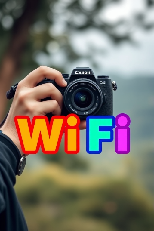 Create an image of a person holding a camera with a blurred natural background, featuring a prominent and stylized text overlay of "Wi-Fi" in vibrant colors, shot with a Canon EOS R5 at f/2.8, ISO 100, 1/200 sec, using a shallow depth of field for enhanced focus on the subject.