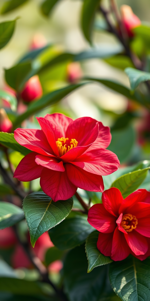 A detailed illustration of a vibrant red camellia flower with lush green leaves, captured using a Canon EOS 5D Mark IV, 50mm lens, aperture f/2.8, ISO 100, with a soft focus background and natural light to enhance the colors and textures.