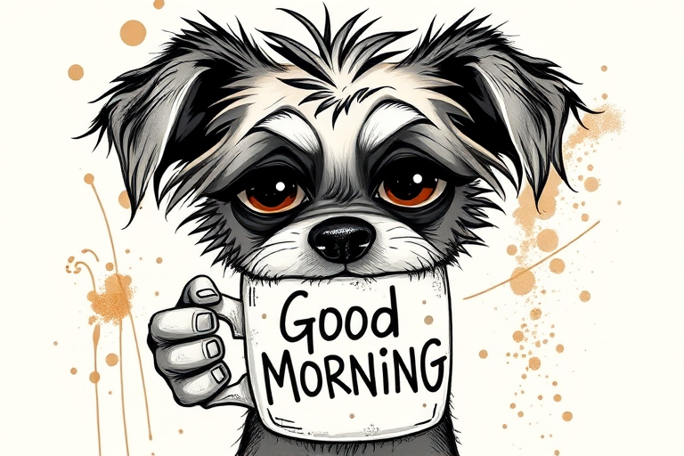 A quirky, artistic illustration of a disheveled shollie dog breed with exaggerated, large eyes and spiky fur, holding a coffee mug that reads "Good Morning". The dog has a tired but humorous expression, with ink splatters and abstract details surrounding it, giving a whimsical feel to the image. The color palette is mostly monochrome with hints of brown in the eyes and steam rising from the mug, enhancing the overall sleepy vibe