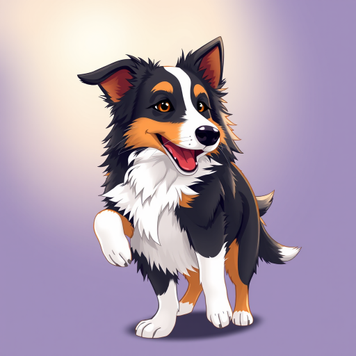 Illustration of a collie dog in a playful stance, captured with a DSLR camera at 50mm focal length, f/1.8 aperture, ISO 100, with a soft focus background and natural light, showcasing detailed fur textures and expressive eyes.