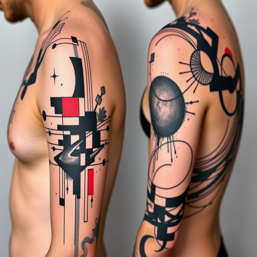 Avant-garde abstract tattoo with bold geometric shapes and fluid organic forms, rendered in a striking monochromatic palette with pops of vibrant color for a contemporary artistic statement