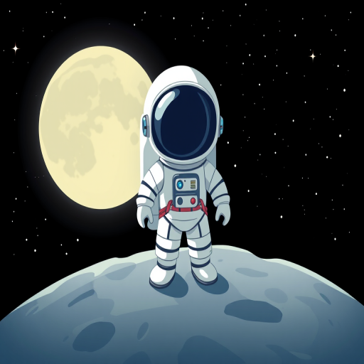 Create a digital illustration of a cartoon astronaut standing on the moon with a black starry background, use a 50mm lens, aperture f/2.8, ISO 100, with a soft focus style, in a high-resolution digital format.