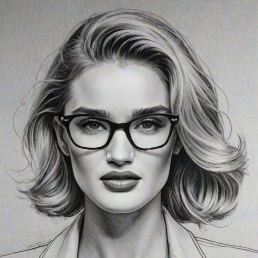 Ravishing Rosie Huntington-Whiteley, pencil sketch, portrait of Dazzling woman 1939s in glasses, hair style beatnik, outline, clear lines, fine lines, 8k