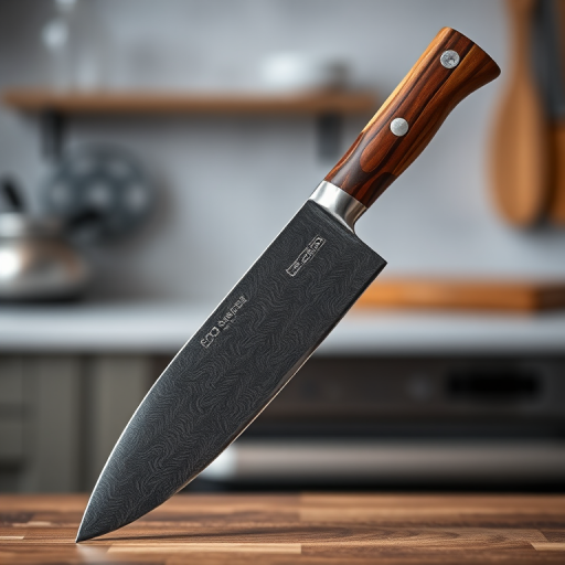 A beautifully crafted Damascus steel chef's knife with a wooden handle, placed against a soft-focus kitchen background, shot with a Canon EOS R5, 50mm lens, f/2.8 aperture, ISO 100, natural light for enhanced detail and clarity.
