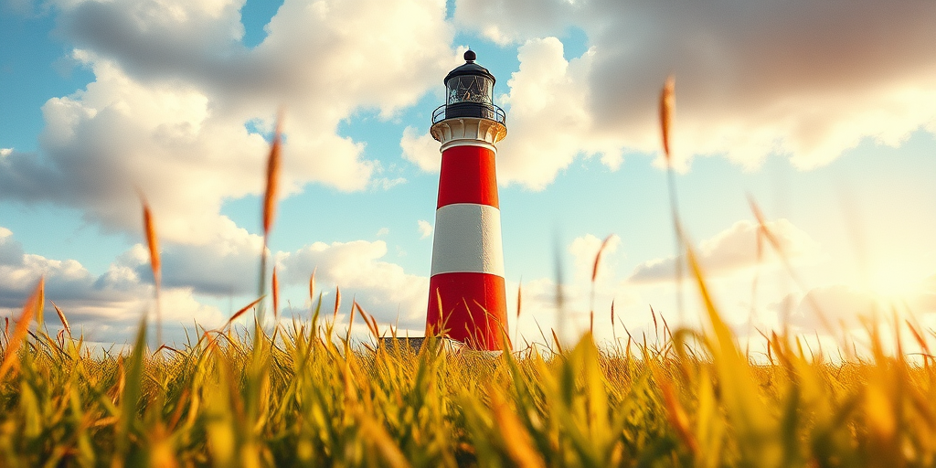 Regenerate a vibrant watercolor lighthouse scene with a focus on detail and texture, using a DSLR camera with a 35mm lens, aperture f/8, ISO 200, shooting in natural daylight from a low angle, emphasizing the foreground grass and background clouds for depth and contrast.